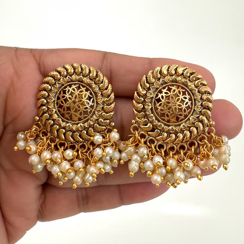 Antique Pearl Gold Studs Earrings /Indian Studs/Indian Earrings/Indian Jewelry/Pearl Stud/Bridal Jewelry/Indian wedding/South Indian Jewelry