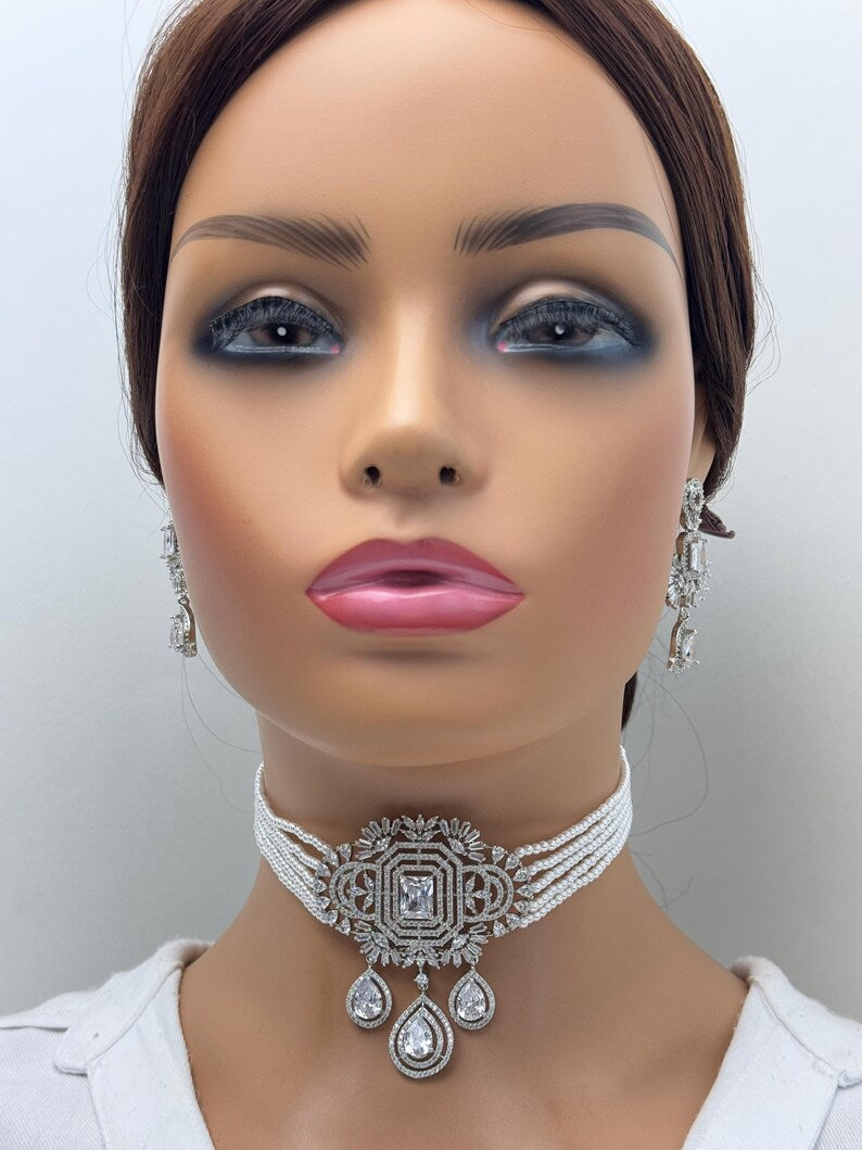 White Pearl American Diamond Choker necklace/Delicate CZ Stones Necklace/Unique Jewelry/Indian/Pakistani/Bollywood/Indian Wedding/Bridal