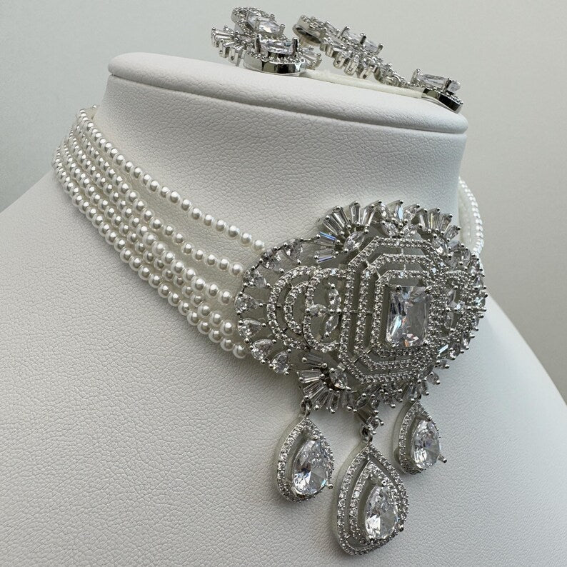 White Pearl American Diamond Choker necklace/Delicate CZ Stones Necklace/Unique Jewelry/Indian/Pakistani/Bollywood/Indian Wedding/Bridal