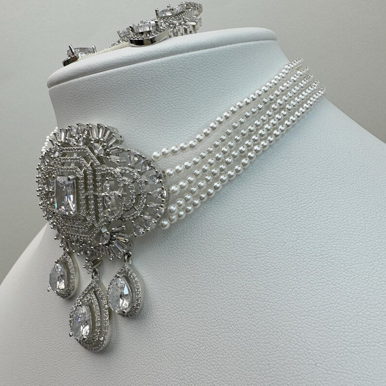 White Pearl American Diamond Choker necklace/Delicate CZ Stones Necklace/Unique Jewelry/Indian/Pakistani/Bollywood/Indian Wedding/Bridal