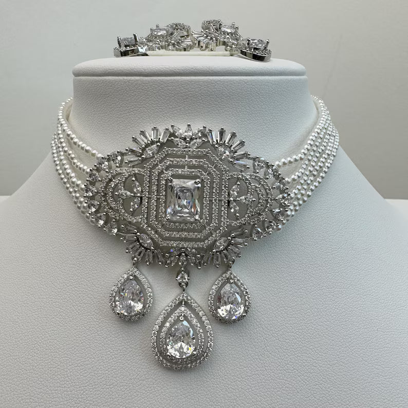 White Pearl American Diamond Choker necklace/Delicate CZ Stones Necklace/Unique Jewelry/Indian/Pakistani/Bollywood/Indian Wedding/Bridal