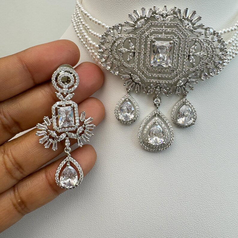 White Pearl American Diamond Choker necklace/Delicate CZ Stones Necklace/Unique Jewelry/Indian/Pakistani/Bollywood/Indian Wedding/Bridal