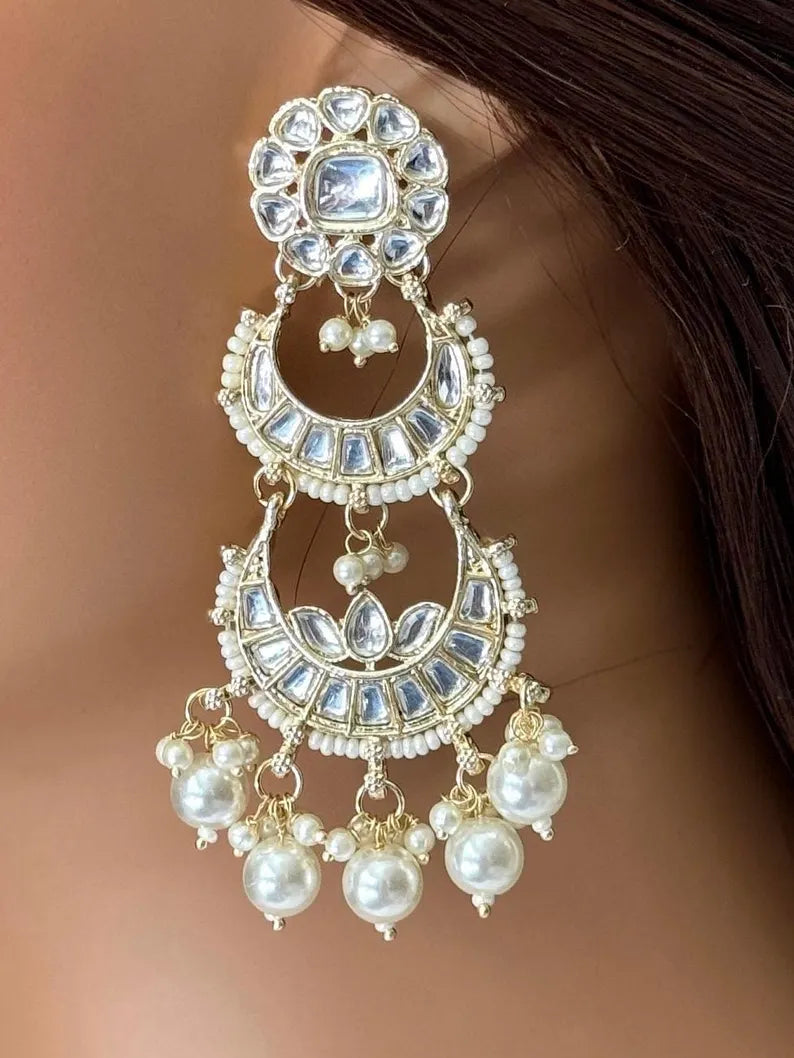 Bollywood Kundan Earrings/Indian Earrings/pearl Earring/Pakistani Earrings/Statement Earrings/Long chandelier/bridal earrings/Indian wedding