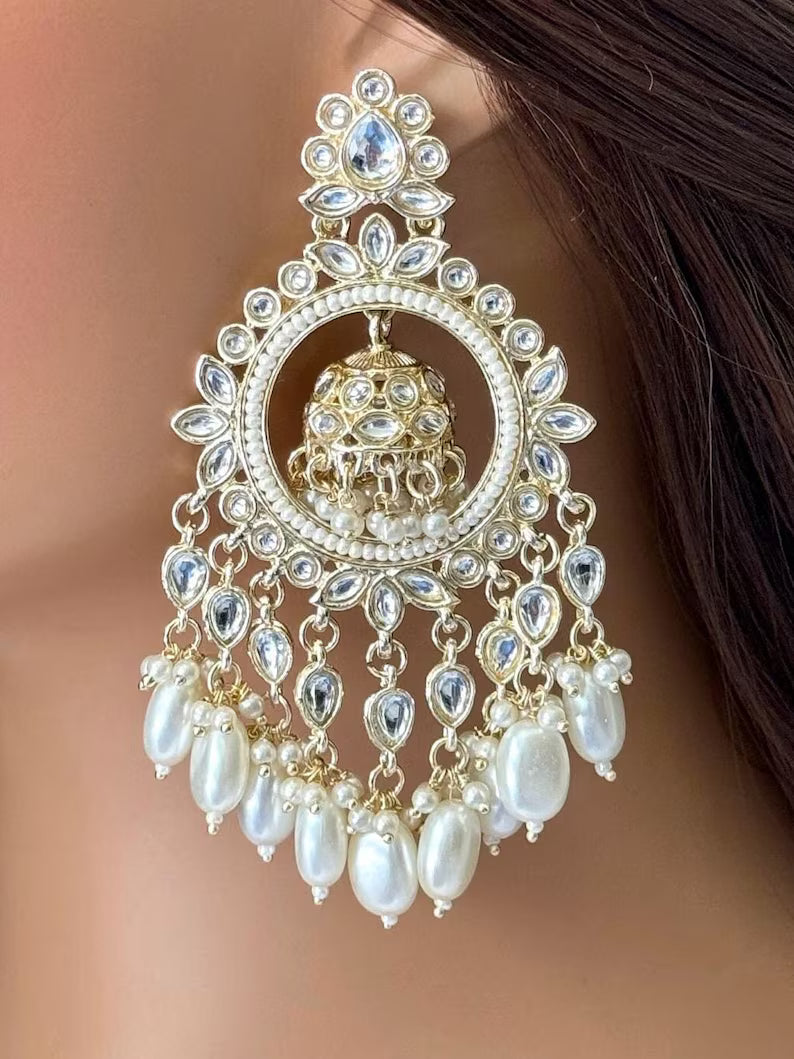 Bollywood Kundan Long Earrings/Indian Earrings/pearl Earring/Pakistani Earrings/Statement Earrings/Long chandelier/bridal earrings/wedding