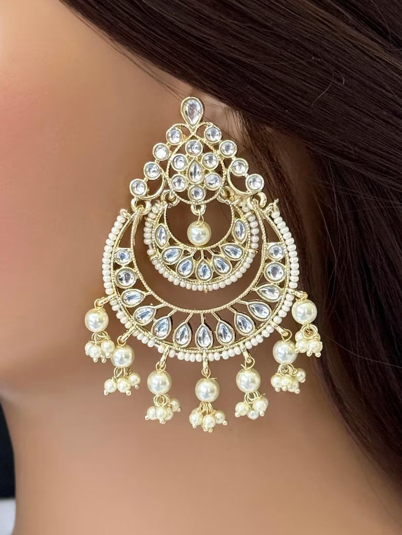 White gold Pearl Kundan chandbali Earrings, White chandbali earrings, Indian pakistani wedding jewelry, bridesmaid gift