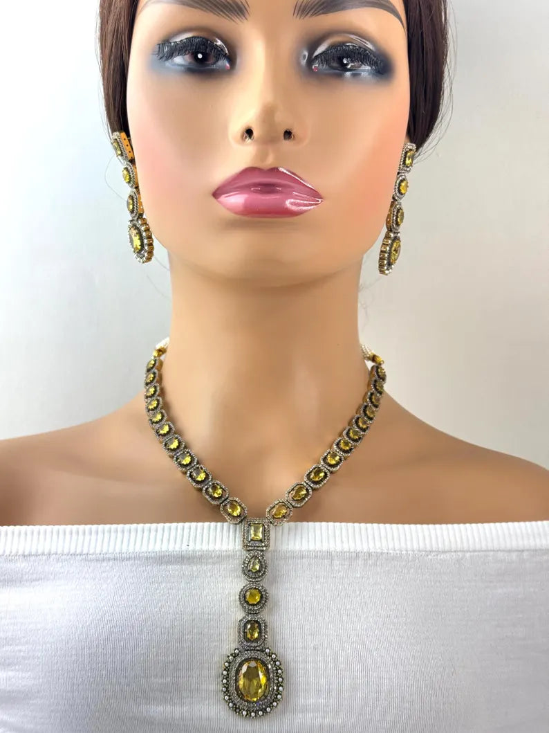 Yellow Victorian uncut polki CZ stone diamond Necklace, Sabyasachi Necklace, Statement Necklace, Semi Precious Designer necklace