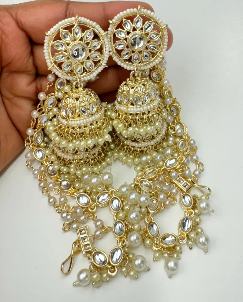 Bahubali Kundan Pearl Jhumka/stone Jhumka/Indian Jewelry/Pakistani/Punjabi/Indian/Statement earring/Bridal earrings/Indian wedding jewelry