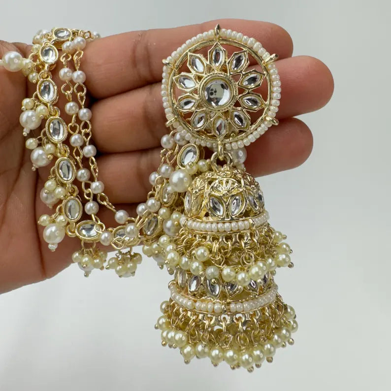 Bahubali Kundan Pearl Jhumka/stone Jhumka/Indian Jewelry/Pakistani/Punjabi/Indian/Statement earring/Bridal earrings/Indian wedding jewelry