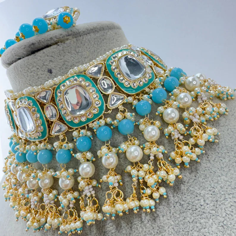 Aqua Blue Meenakari Pearl Kundan Choker Necklace/Traditional Ethnic Jewelry/Kundan Jewelry Set/Indian Pakistani wedding Jewelry