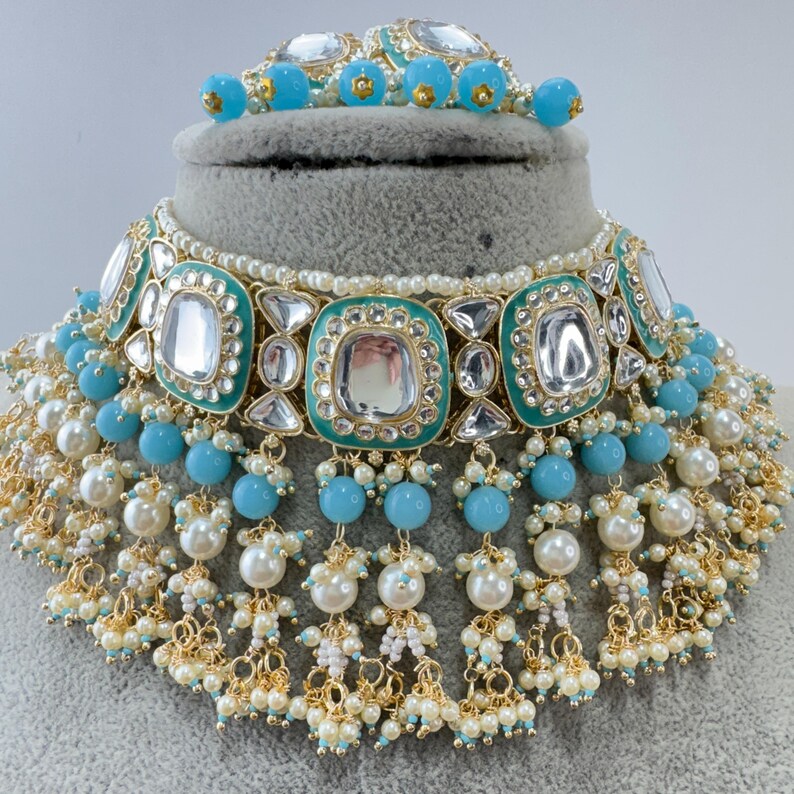 Aqua Blue Meenakari Pearl Kundan Choker Necklace/Traditional Ethnic Jewelry/Kundan Jewelry Set/Indian Pakistani wedding Jewelry