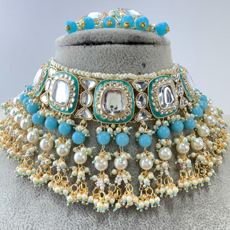 Aqua Blue Meenakari Pearl Kundan Choker Necklace/Traditional Ethnic Jewelry/Kundan Jewelry Set/Indian Pakistani wedding Jewelry