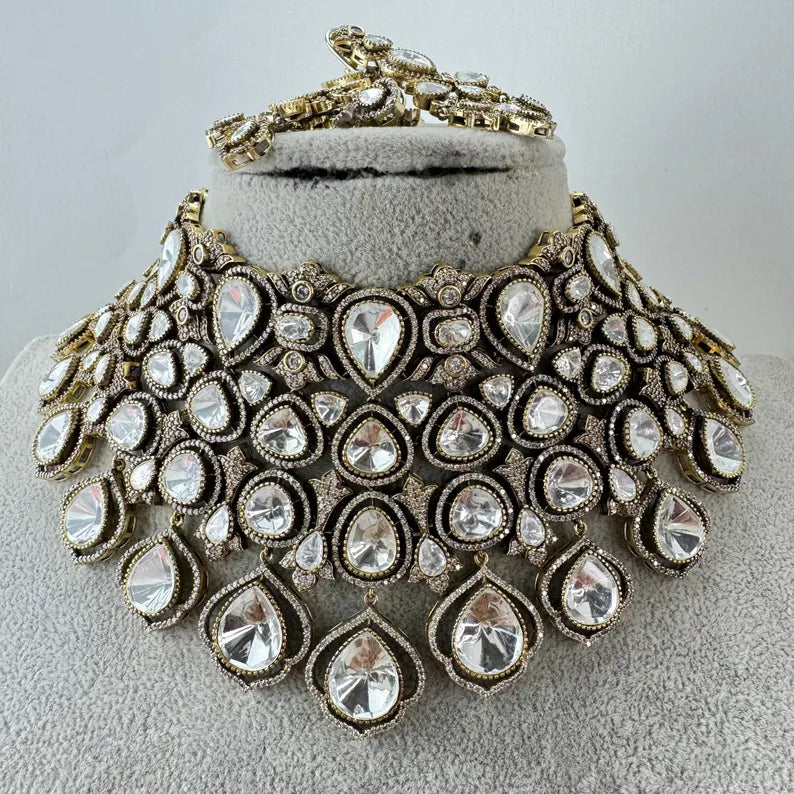 White Bridal Mossinate Polki Kundan Victorian Necklace, Sabyasachi Necklace, Wedding necklace, Semi Precious Jewelry, Bollywood Celebrity