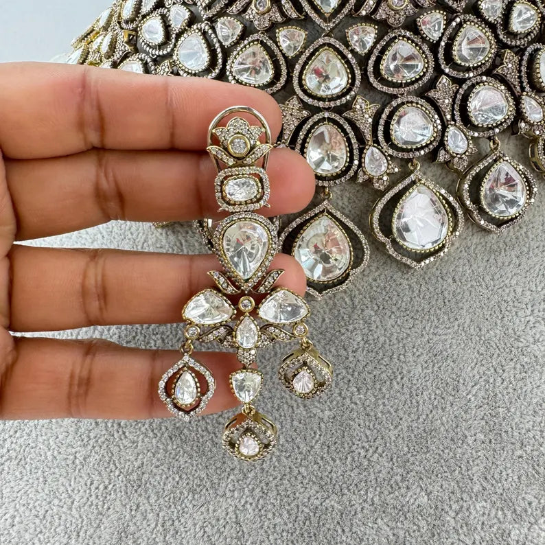 White Bridal Mossinate Polki Kundan Victorian Necklace, Sabyasachi Necklace, Wedding necklace, Semi Precious Jewelry, Bollywood Celebrity