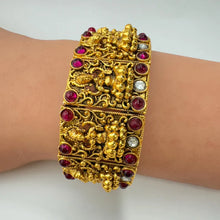 Ruby Goddess Laxmi Gold Single Cuff Kada bangle 1pc,Indian Amrapali bangles,Antique bangles,Temple Jewelry, Stretchable Cuff Bracelet