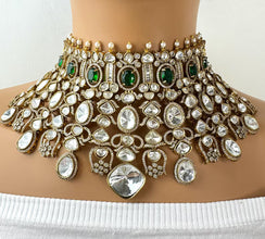 Green Bridal Mossinate Polki Kundan Victorian Necklace, Sabyasachi Necklace, Wedding necklace, Semi Precious Jewelry, Bollywood Celebrity