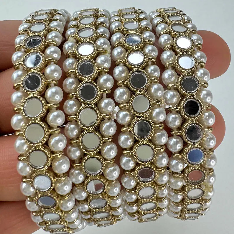 Antique Dull Gold Mirror Pearl Bangles Set(4 Pc)/Indian bangles/Punjabi Pearl bangles Set/Bridal bangles/wedding jewelry/Mirror Jewelry