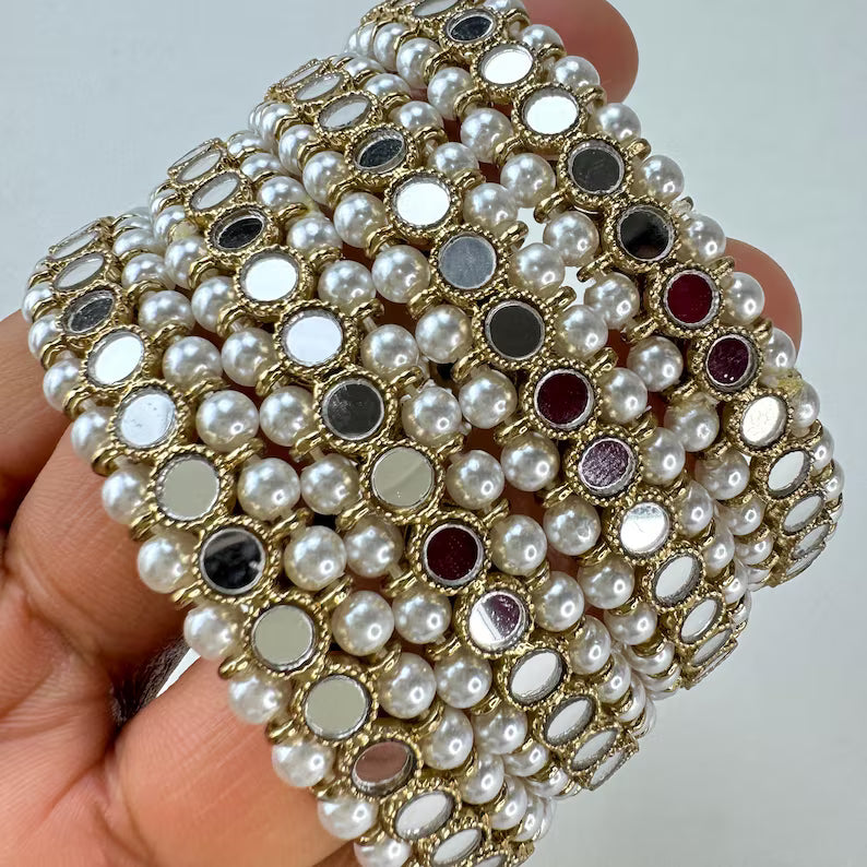 Antique Dull Gold Mirror Pearl Bangles Set(4 Pc)/Indian bangles/Punjabi Pearl bangles Set/Bridal bangles/wedding jewelry/Mirror Jewelry