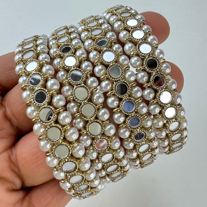 Antique Dull Gold Mirror Pearl Bangles Set(4 Pc)/Indian bangles/Punjabi Pearl bangles Set/Bridal bangles/wedding jewelry/Mirror Jewelry