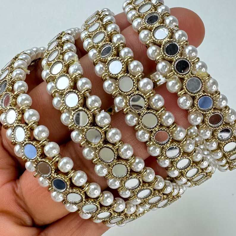 Antique Dull Gold Mirror Pearl Bangles Set(4 Pc)/Indian bangles/Punjabi Pearl bangles Set/Bridal bangles/wedding jewelry/Mirror Jewelry