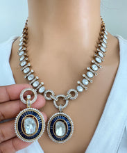 Blue Victorian Moissanite Necklace, Semi-precious muti stones Pendant Necklace, Indian Bridal Jewelry, Bollywood Sabyasachi Necklace