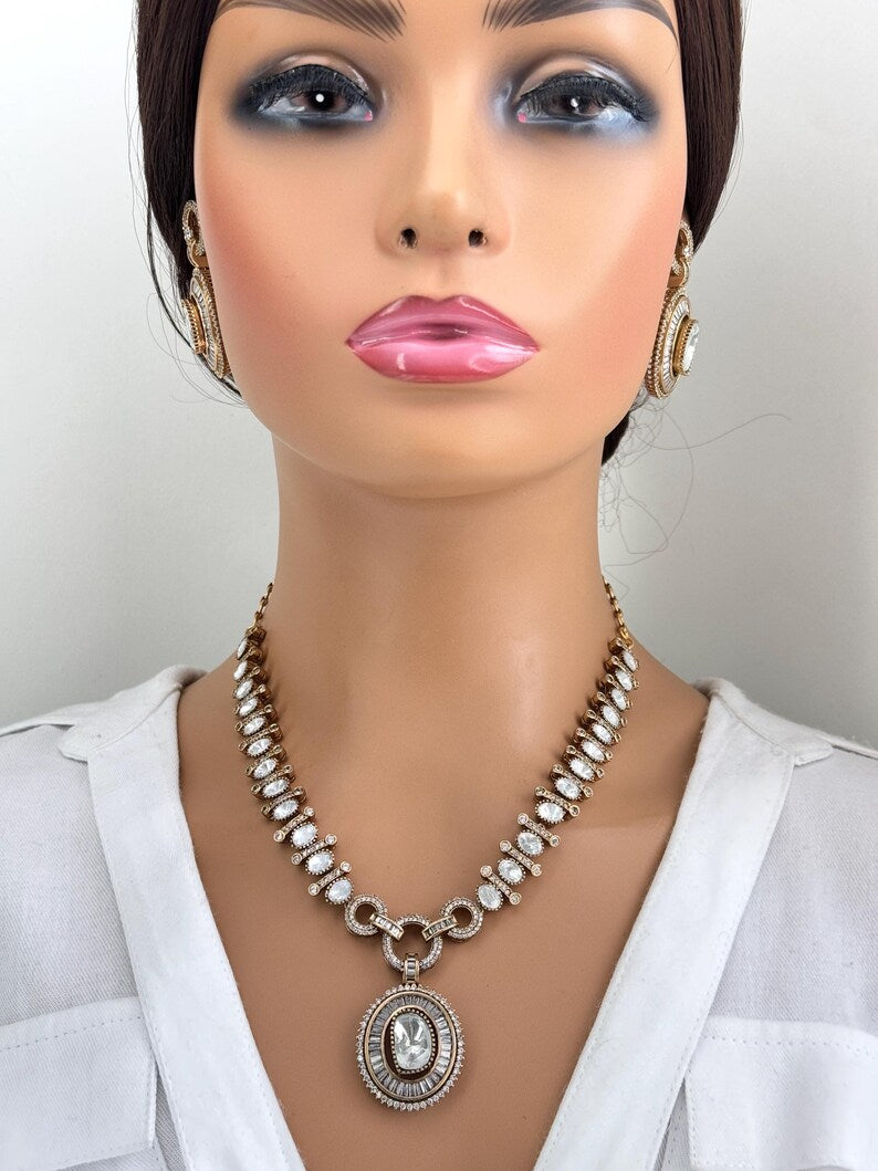 White Victorian Moissanite Necklace, Semi-precious muti stones Pendant Necklace, Indian Bridal Jewelry, Bollywood Sabyasachi Necklace