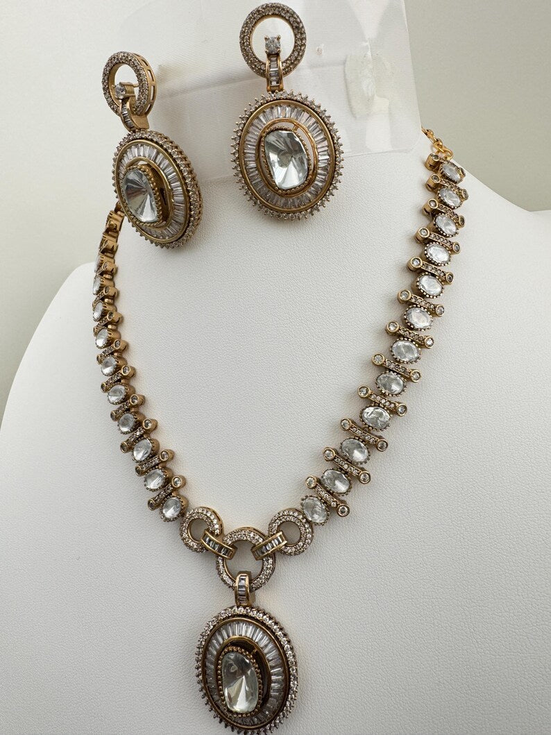 White Victorian Moissanite Necklace, Semi-precious muti stones Pendant Necklace, Indian Bridal Jewelry, Bollywood Sabyasachi Necklace