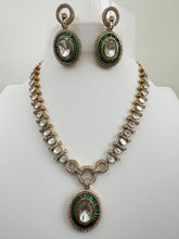Green Victorian Moissanite Necklace, Semi-precious muti stones Pendant Necklace, Indian Bridal Jewelry, Bollywood Sabyasachi Necklace