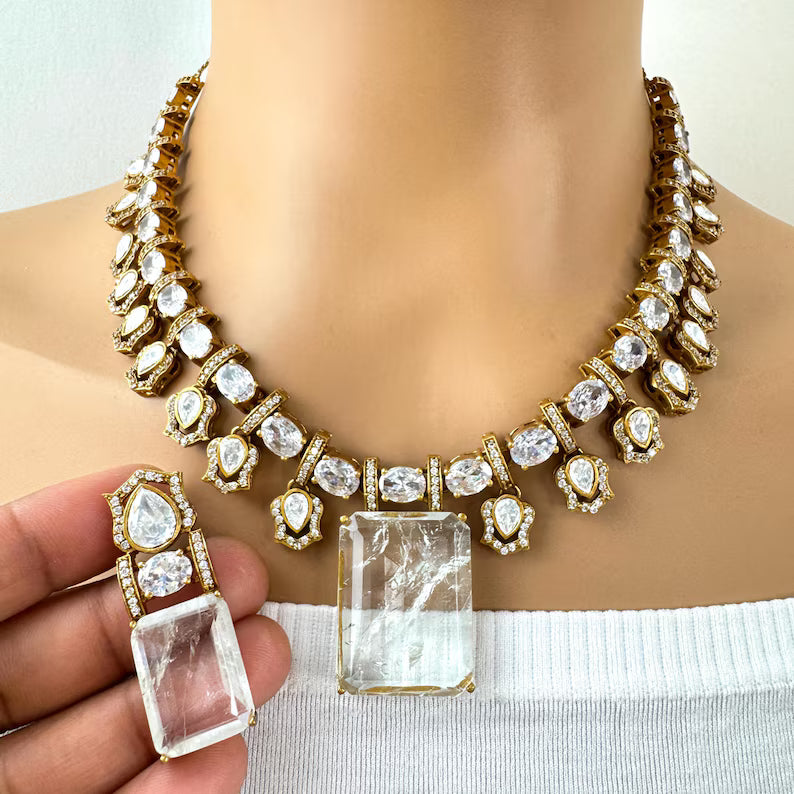 White Doublet Victorian Moissanite polki Necklace,Sabyasachi Necklace, Statement Necklace, Semi Precious Necklace, Designer necklace