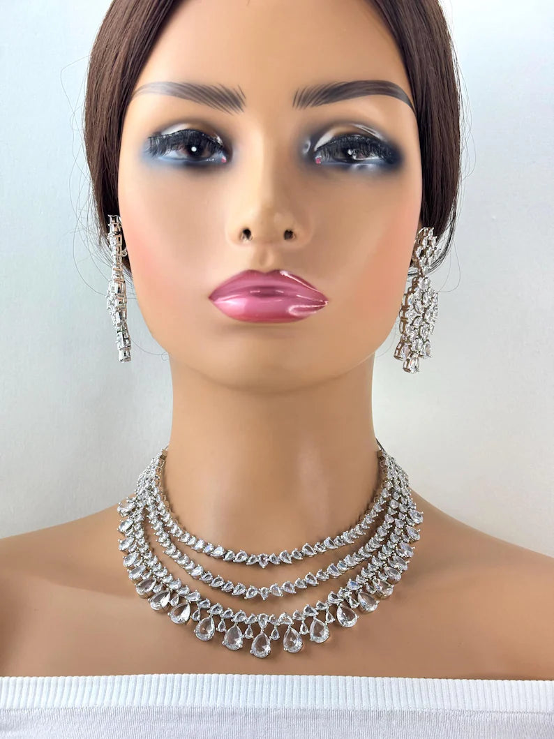 White CZ diamond Triple Layered bridal necklace, American Diamond wedding necklace, Cz jewelry, Indian, Pakistani,Punjabi wedding jewelry