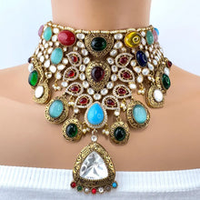 Navratan Premium Amrapali Inspired Filigree Uncut Moissanite Polki Kundan Royal Choker Necklace Set/Indian Wedding Collection,Bridal Jewelry