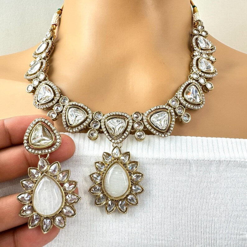 White Kundan Necklace Set, uncut Kundan Necklace, Indian Pakistani jewelry for wedding, Bridemaid jewelry, Indian Kundan necklace