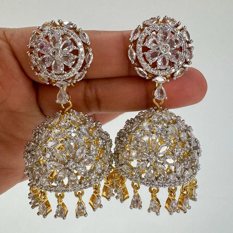CZ Diamond 2-Tone gold Jhumka/CZ Indian Jhumka/Indian Jewelry/Pakistani Jewelry/Indian Earring/Indian wedding/Gift for her