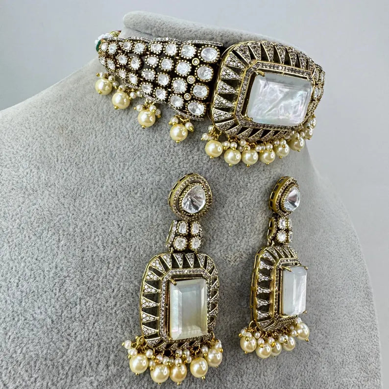 White MoP Moissanite Polki CZ Diamond Choker Necklace, Indian Jewelry,Sabyasachi Bridal Necklace,Designer Jewelry,Indian Wedding