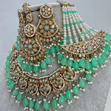 Mint Green Antique Shadow Stone Pearl Necklace with earrings and tikka and Passa Bridal necklace Indian Pakistani Punjabi Wedding Jewelry