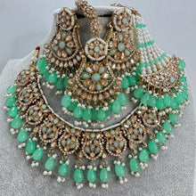 Mint Green Antique Shadow Stone Pearl Necklace with earrings and tikka and Passa Bridal necklace Indian Pakistani Punjabi Wedding Jewelry