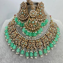 Mint Green Antique Shadow Stone Pearl Necklace with earrings and tikka and Passa Bridal necklace Indian Pakistani Punjabi Wedding Jewelry