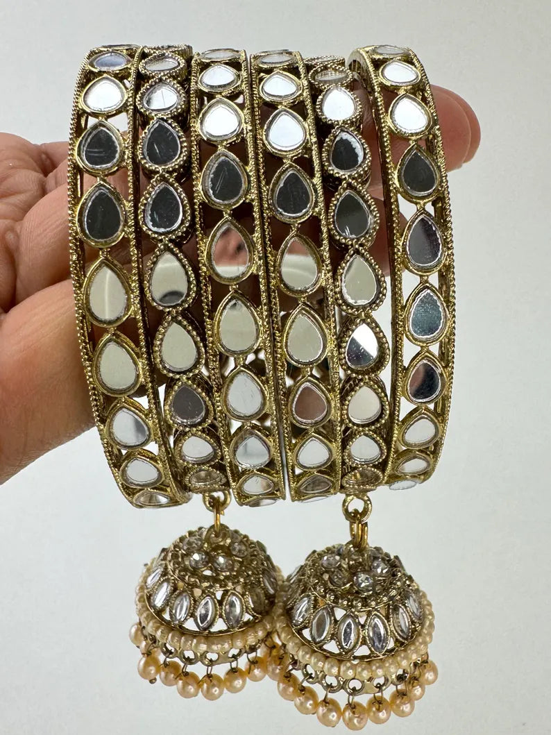 ANTIQUE Dull Gold Mirror Pearl Bangles Set/Punjabi Mirror chuda bangles set/Bridal bangles/Statement bangles/Indian Wedding /Chuda Set 6pc