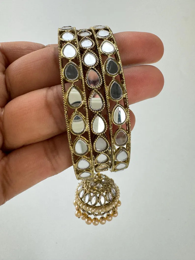 ANTIQUE Dull Gold Mirror Pearl Bangles Set/Punjabi Mirror chuda bangles set/Bridal bangles/Statement bangles/Indian Wedding /Chuda Set 6pc