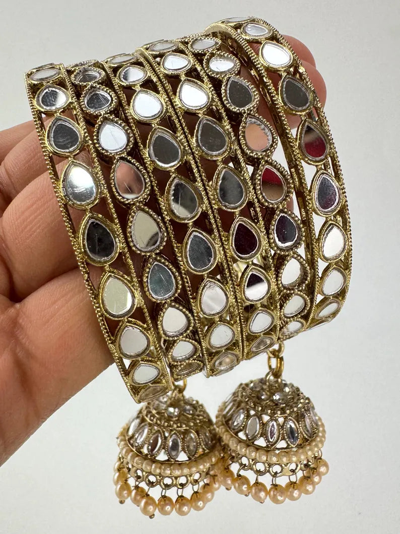ANTIQUE Dull Gold Mirror Pearl Bangles Set/Punjabi Mirror chuda bangles set/Bridal bangles/Statement bangles/Indian Wedding /Chuda Set 6pc