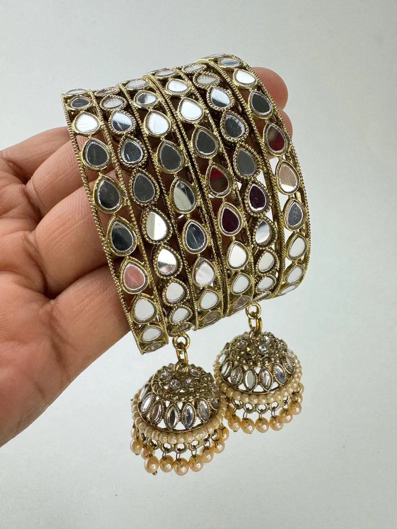 ANTIQUE Dull Gold Mirror Pearl Bangles Set/Punjabi Mirror chuda bangles set/Bridal bangles/Statement bangles/Indian Wedding /Chuda Set 6pcs