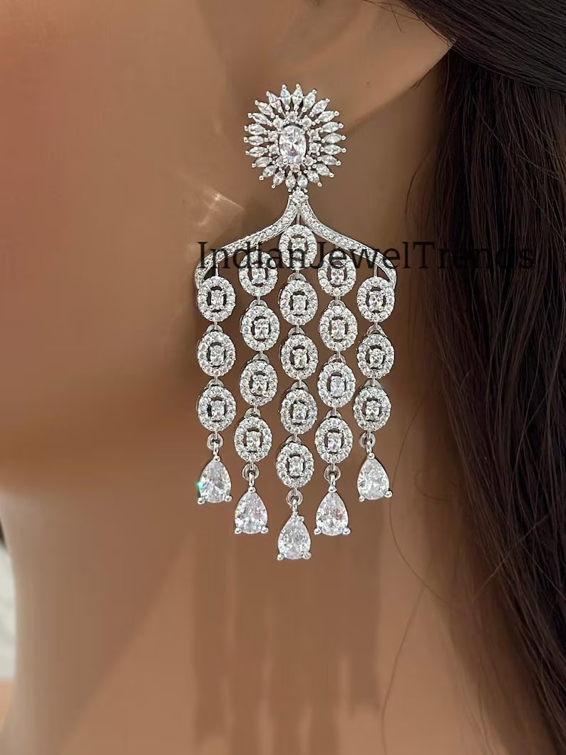 CZ diamond earrings, Silver diamond earrings, Cocktail earrings, Party wear jewelry, Indian pakistani jewelry for wedding