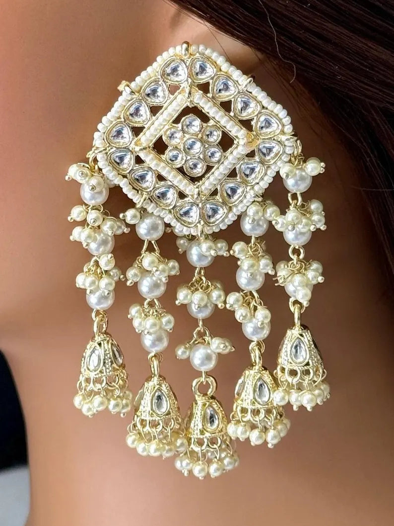 Bollywood Kundan dangle Earrings Indian long Earrings pearl Earrings Earrings Statement Earrings Long chandelier bridal earrings