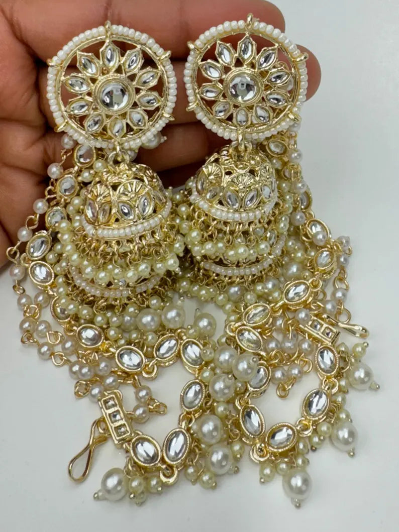 Bahubali Kundan Pearl Jhumka/stone Jhumka/Indian Jewelry/Pakistani/Punjabi/Indian/Statement earring/Bridal earrings/Indian wedding jewelry
