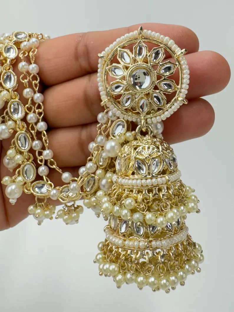 Bahubali Kundan Pearl Jhumka/stone Jhumka/Indian Jewelry/Pakistani/Punjabi/Indian/Statement earring/Bridal earrings/Indian wedding jewelry