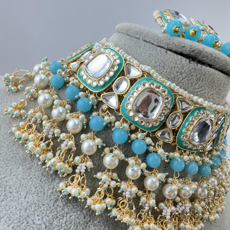 Aqua Blue Meenakari Pearl Kundan Choker Necklace/Traditional Ethnic Jewelry/Kundan Jewelry Set/Indian Pakistani wedding Jewelry