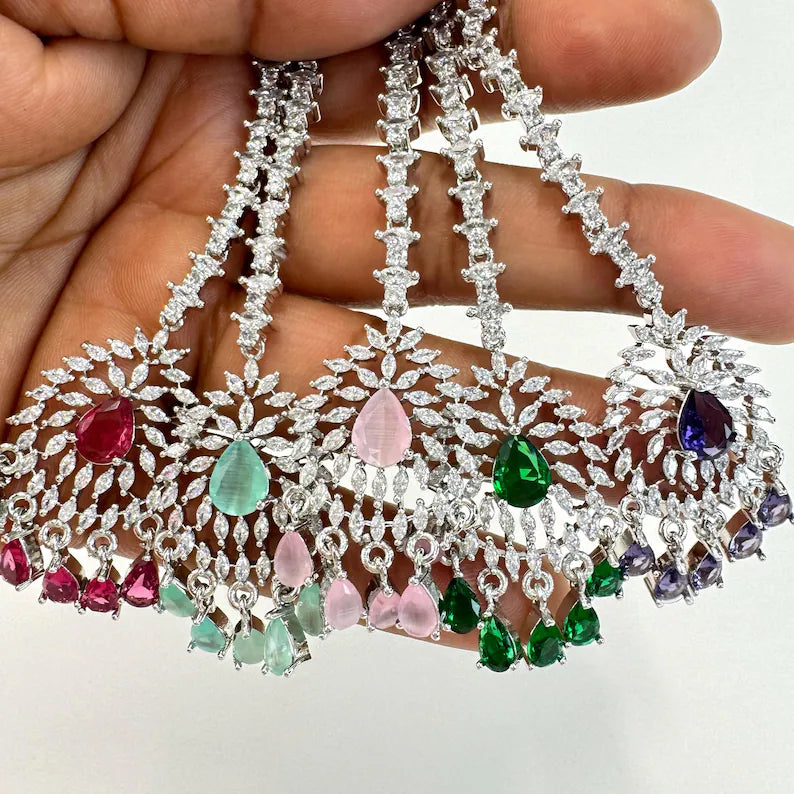 American Diamond Maang tikka/Indian Jewelry/ Indian Wedding Jewelry/ Pakistani Jewelry/ Jhoomer/ Matha patti/ Indian forehead jewelry