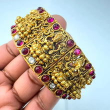 Ruby Goddess Laxmi Gold Single Cuff Kada bangle 1pc,Indian Amrapali bangles,Antique bangles,Temple Jewelry, Stretchable Cuff Bracelet