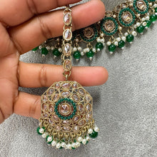 Green Antique Polki Kundan Pearl Necklace with earrings and tikka, bridal necklace, Indian Punjabi Pakistani Wedding Jewelry