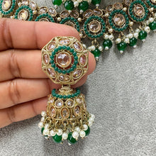 Green Antique Polki Kundan Pearl Necklace with earrings and tikka, bridal necklace, Indian Punjabi Pakistani Wedding Jewelry