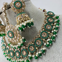 Green Antique Polki Kundan Pearl Necklace with earrings and tikka, bridal necklace, Indian Punjabi Pakistani Wedding Jewelry